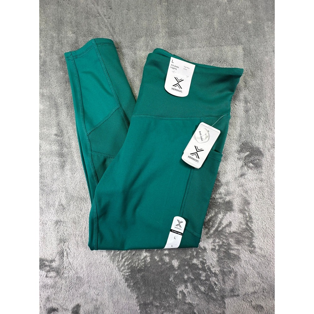 Xersion Womens High Rise 7/8 Ankle Leggings Teal Green Ribbed Moto Pockets L NWT